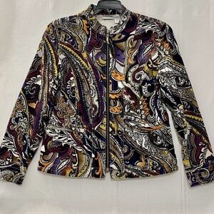EUC Women's Chico's Paisley Print Courderoy Zip up Jacket 98% cotton, Size 1